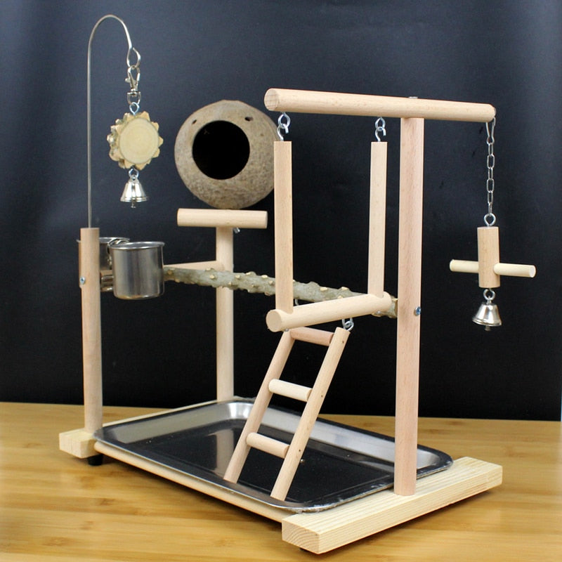 Parrot Playstand With Coconut Shell Solid Wooden Parrot Stand Game Field Interactive Training Frame Bird Shelf Standing Stick