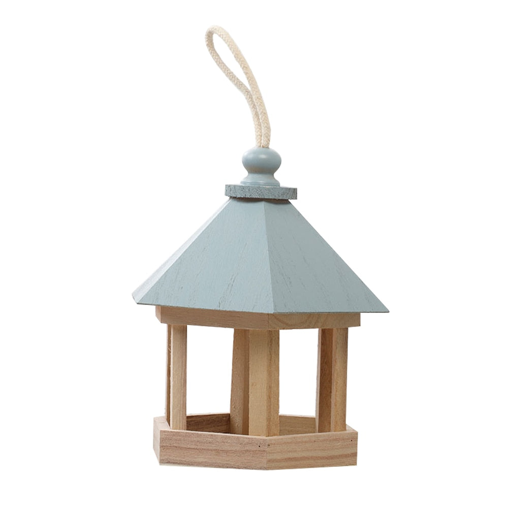 Outdoor Wooden Birds House Shaped Feeder Food Container With Hang Rope For Garden Park Bird Feeder Hotel Table Peanut