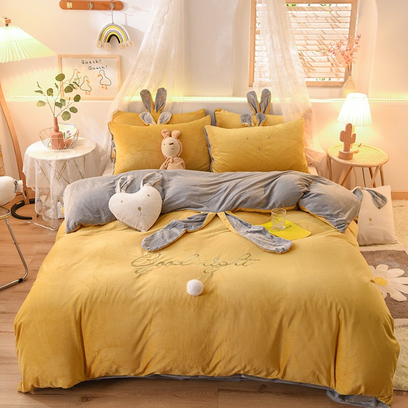 Luxury Fleece Velvet Lovely Rabbit Ears Bedding Set Warm Flannel Duvet Cover Pillowcases Flat Sheet Twin Queen King Size 3/4 Pcs