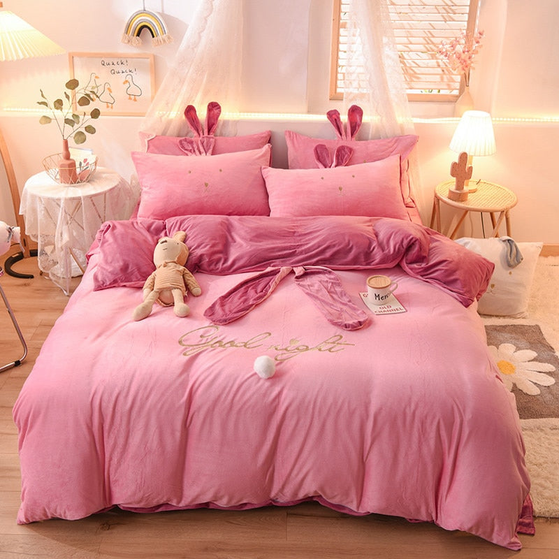 Luxury Fleece Velvet Lovely Rabbit Ears Bedding Set Warm Flannel Duvet Cover Pillowcases Flat Sheet Twin Queen King Size 3/4 Pcs