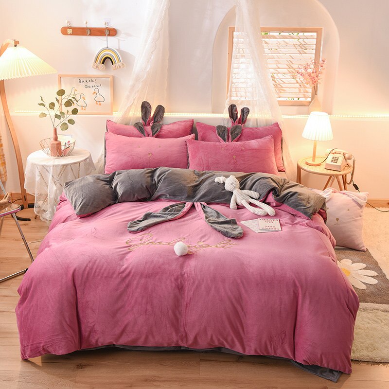 Luxury Fleece Velvet Lovely Rabbit Ears Bedding Set Warm Flannel Duvet Cover Pillowcases Flat Sheet Twin Queen King Size 3/4 Pcs
