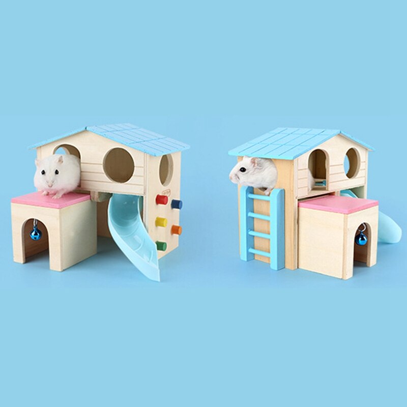 1Pcs Pet Small Animal Rabbit Hideout Wooden Hamster Ladder Habitat Hamster House With Slide Exercise Toy Lovely Rat House Cage