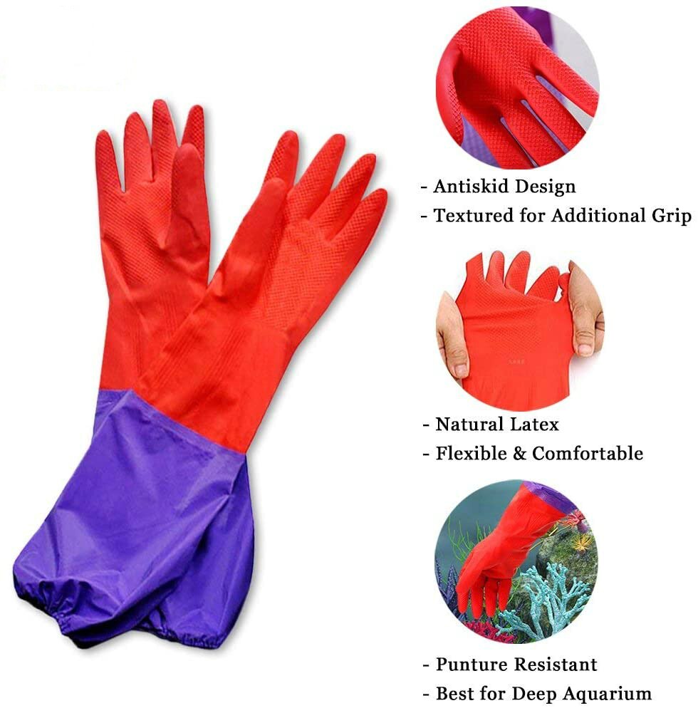 1 Pair Aquarium Water Change Gloves 19.6 Inches No-Skid Design Seamless Stitching Elastic Cuff  Regular Fish Tank Maintenance