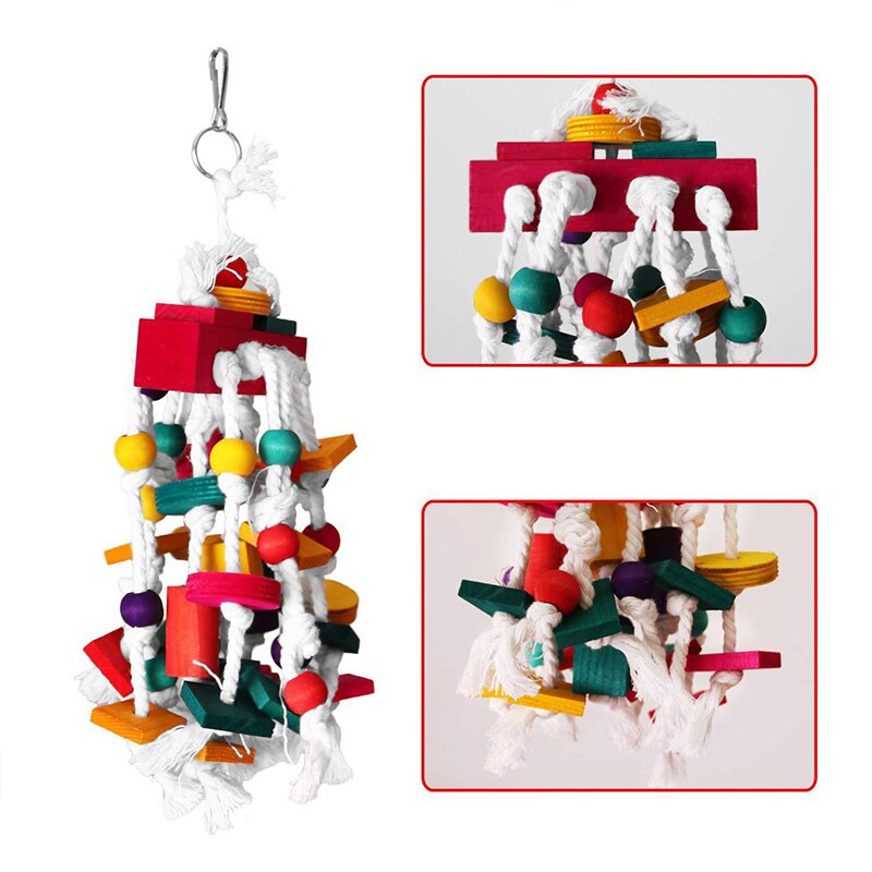 1Pc Bird Toy Funny Wooden Blocks Parrot Chewing Toys Parrots Hanging Chewing Rope Swing Colorful Parrots Chewing Training Tool