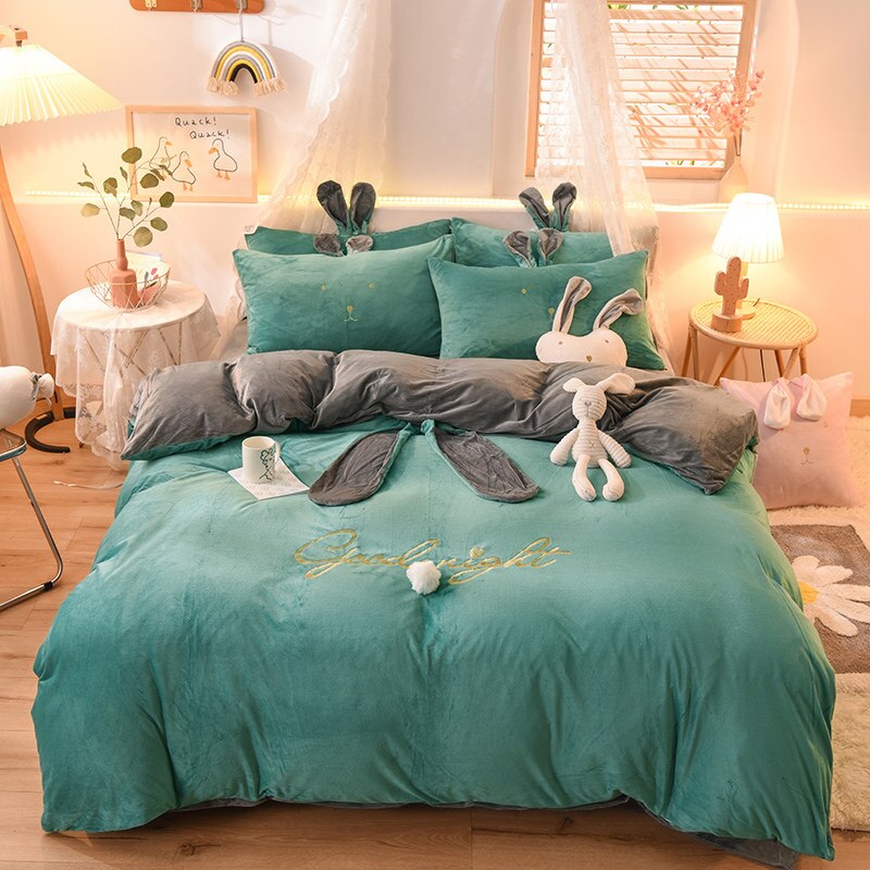Luxury Fleece Velvet Lovely Rabbit Ears Bedding Set Warm Flannel Duvet Cover Pillowcases Flat Sheet Twin Queen King Size 3/4 Pcs