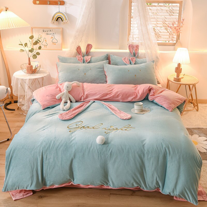 Luxury Fleece Velvet Lovely Rabbit Ears Bedding Set Warm Flannel Duvet Cover Pillowcases Flat Sheet Twin Queen King Size 3/4 Pcs