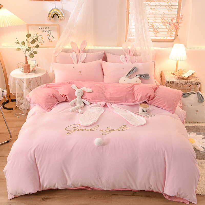 Luxury Fleece Velvet Lovely Rabbit Ears Bedding Set Warm Flannel Duvet Cover Pillowcases Flat Sheet Twin Queen King Size 3/4 Pcs