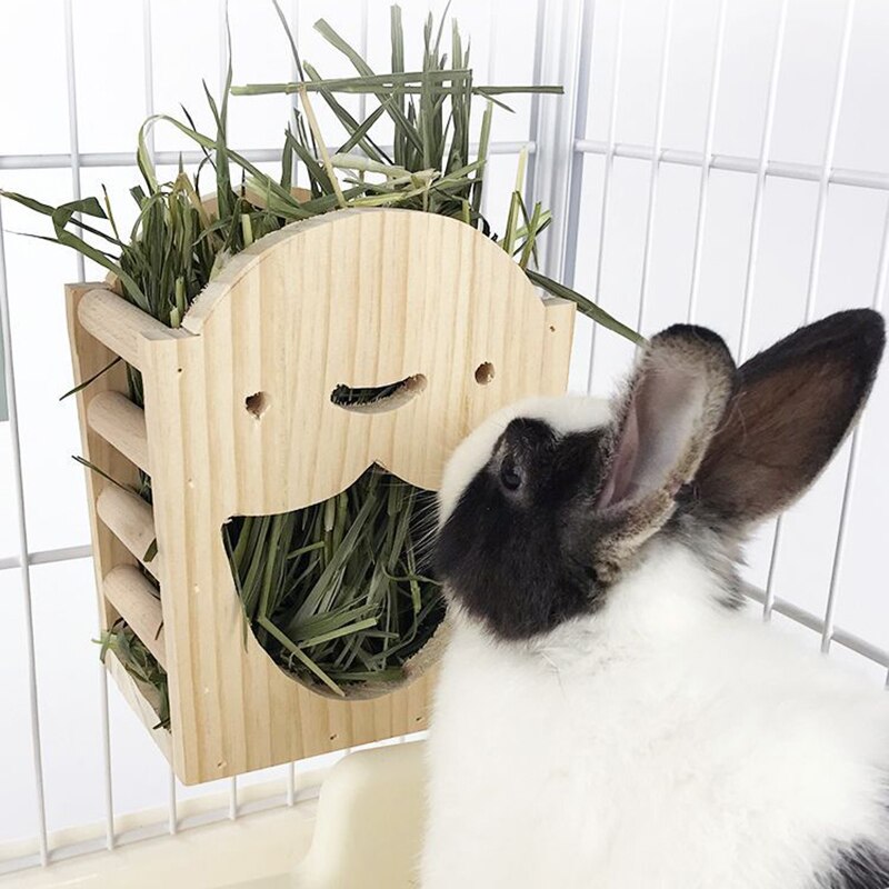 Cute Hangable Wooden Grass Frame Natural Wood Solid Wood Food Bowl Small Pet Hay Rack Accessories For Rabbit Hamster Guinea Pig