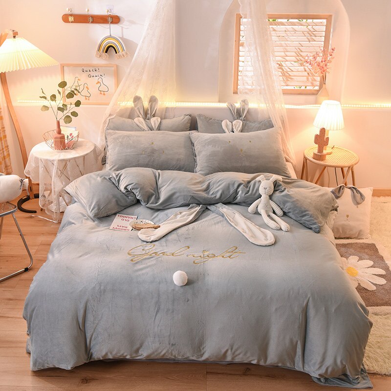 Luxury Fleece Velvet Lovely Rabbit Ears Bedding Set Warm Flannel Duvet Cover Pillowcases Flat Sheet Twin Queen King Size 3/4 Pcs
