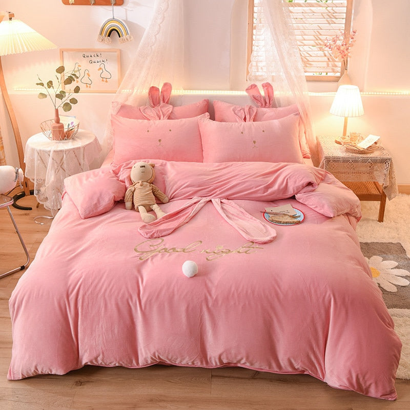Luxury Fleece Velvet Lovely Rabbit Ears Bedding Set Warm Flannel Duvet Cover Pillowcases Flat Sheet Twin Queen King Size 3/4 Pcs