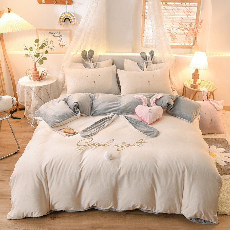 Luxury Fleece Velvet Lovely Rabbit Ears Bedding Set Warm Flannel Duvet Cover Pillowcases Flat Sheet Twin Queen King Size 3/4 Pcs