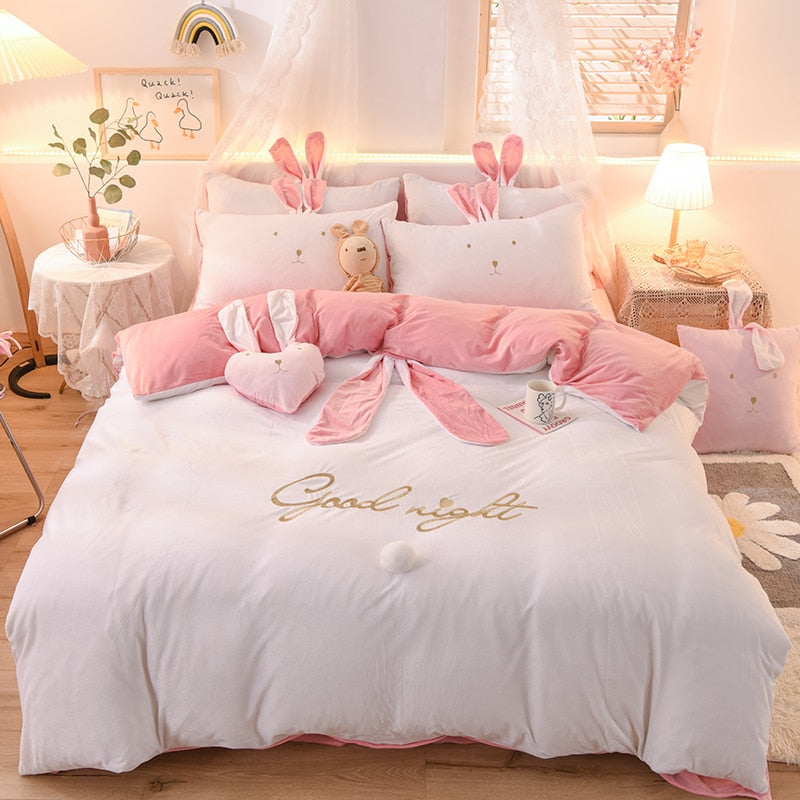 Luxury Fleece Velvet Lovely Rabbit Ears Bedding Set Warm Flannel Duvet Cover Pillowcases Flat Sheet Twin Queen King Size 3/4 Pcs