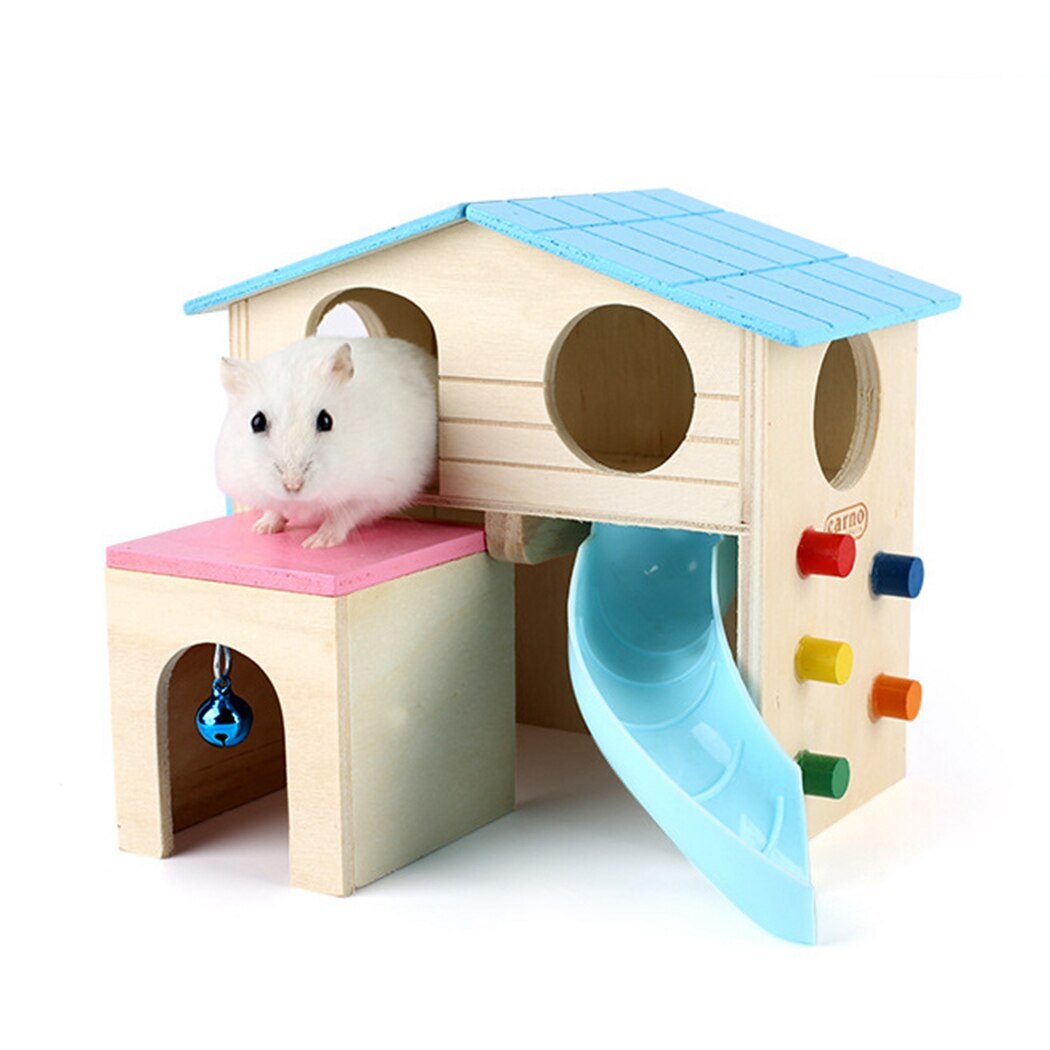 1Pcs Pet Small Animal Rabbit Hideout Wooden Hamster Ladder Habitat Hamster House With Slide Exercise Toy Lovely Rat House Cage