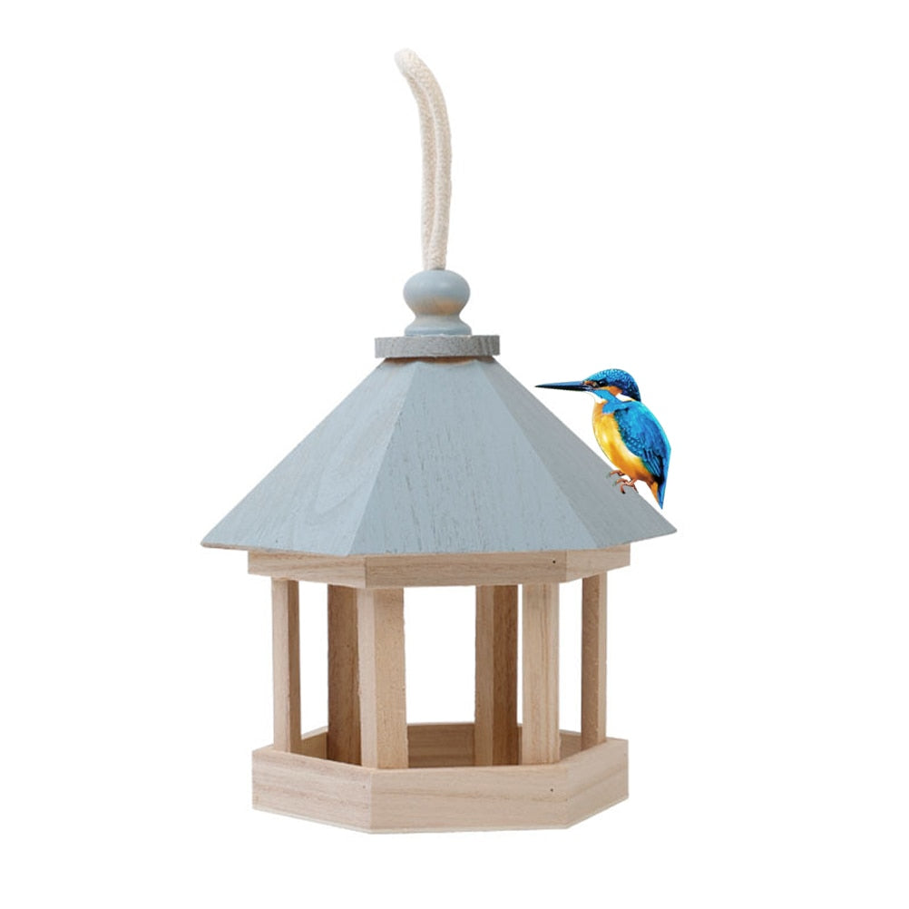 Outdoor Wooden Birds House Shaped Feeder Food Container With Hang Rope For Garden Park Bird Feeder Hotel Table Peanut