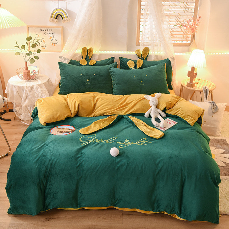 Luxury Fleece Velvet Lovely Rabbit Ears Bedding Set Warm Flannel Duvet Cover Pillowcases Flat Sheet Twin Queen King Size 3/4 Pcs