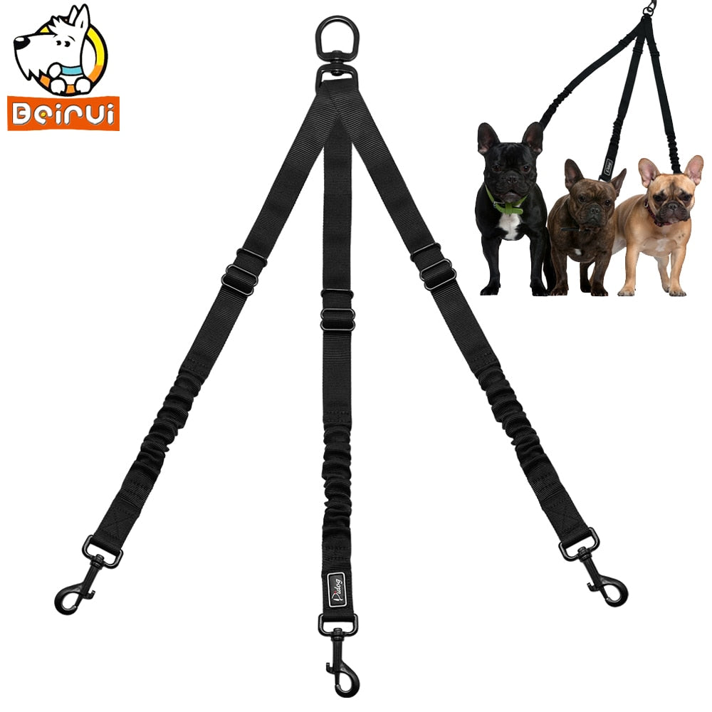 Bungee 3 Way Dog Leash Coupler No Tangle Nylon Adjustable Walking Strap Multiple Pet Three Dogs Leads Black Small Large Dogs