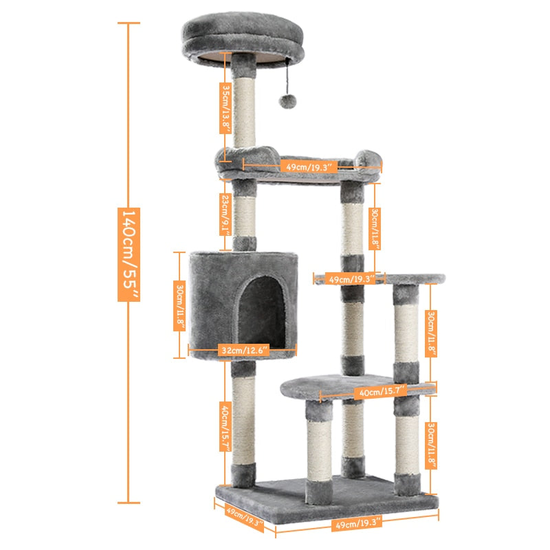 Cat Tree Multi-Level Tower with Scratching Posts Cat Condo Sisal Posts Hammock Activity Jumping Platform with Ball Grey