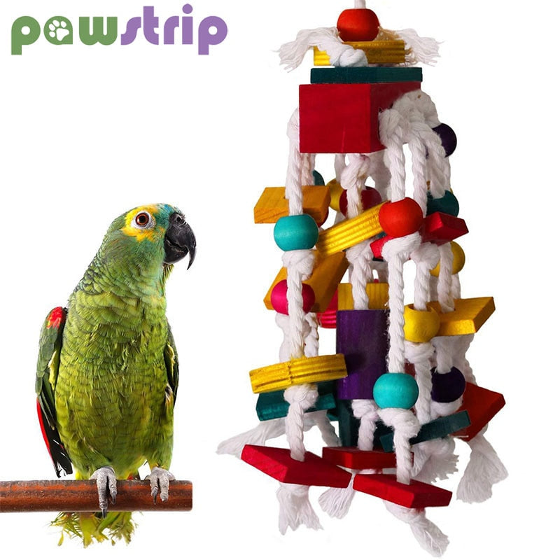 1Pc Bird Toy Funny Wooden Blocks Parrot Chewing Toys Parrots Hanging Chewing Rope Swing Colorful Parrots Chewing Training Tool