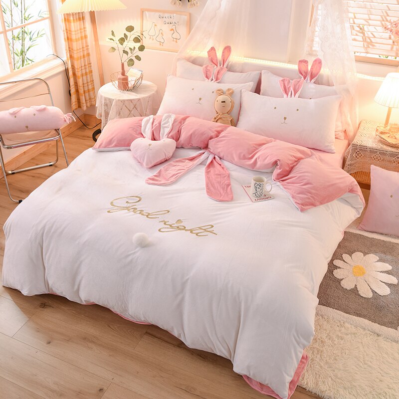 Luxury Fleece Velvet Lovely Rabbit Ears Bedding Set Warm Flannel Duvet Cover Pillowcases Flat Sheet Twin Queen King Size 3/4 Pcs