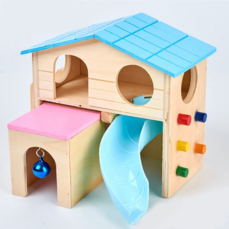 1Pcs Pet Small Animal Rabbit Hideout Wooden Hamster Ladder Habitat Hamster House With Slide Exercise Toy Lovely Rat House Cage