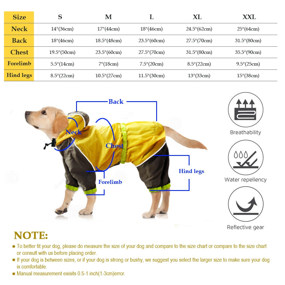 Dog Raincoat Reflective Dogs Rain Coat Dog Clothes Hoodies Waterproof Jumpsuit Rainwear Clothes for Large Dogs Labrador S-2XL
