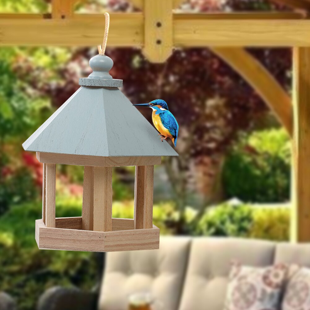 Outdoor Wooden Birds House Shaped Feeder Food Container With Hang Rope For Garden Park Bird Feeder Hotel Table Peanut