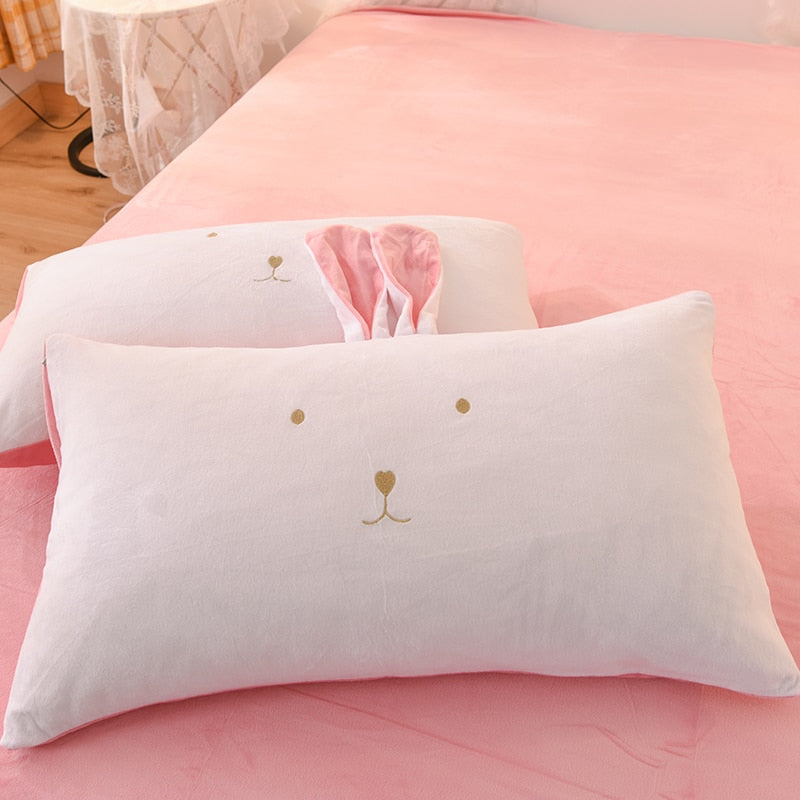 Luxury Fleece Velvet Lovely Rabbit Ears Bedding Set Warm Flannel Duvet Cover Pillowcases Flat Sheet Twin Queen King Size 3/4 Pcs