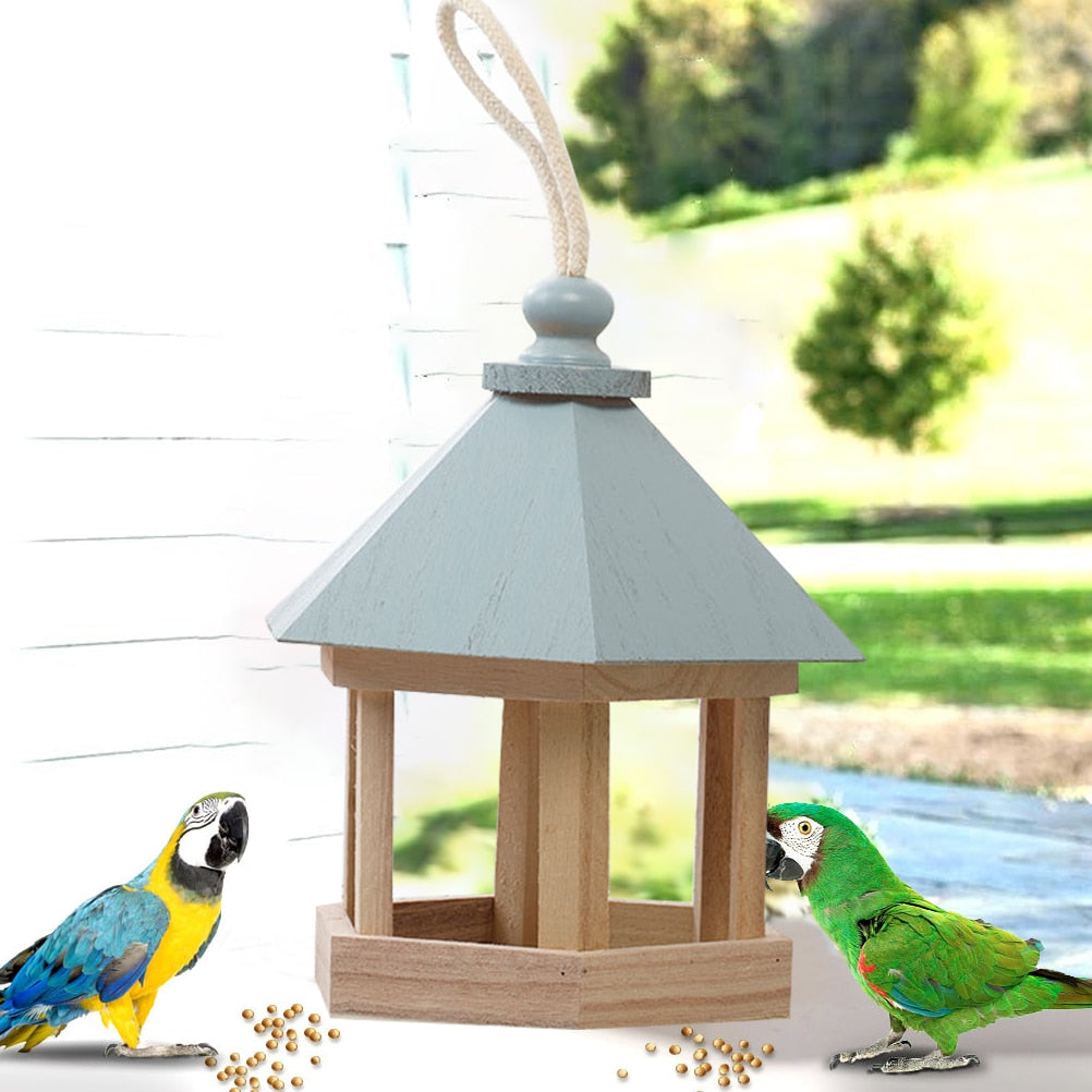 Outdoor Wooden Birds House Shaped Feeder Food Container With Hang Rope For Garden Park Bird Feeder Hotel Table Peanut