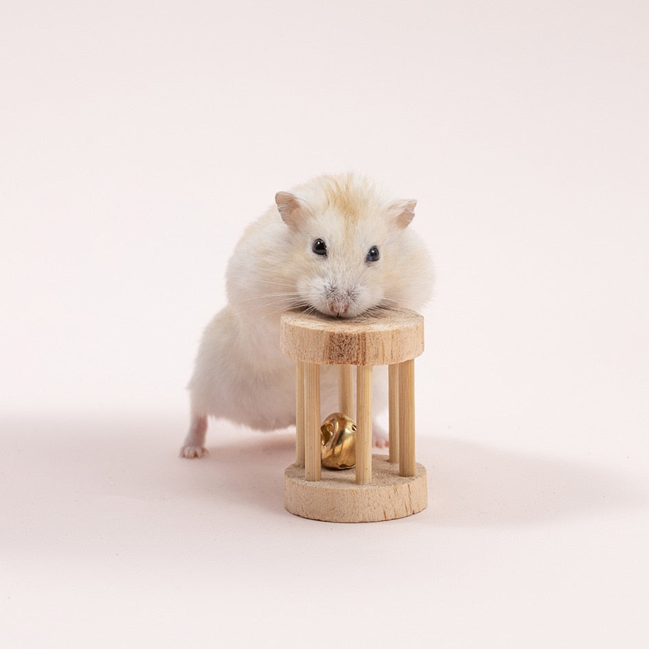 Cute Natural Wooden Rabbits Toys Pine Dumbells Unicycle Bell Roller Chew Toys for Guinea Pigs Rat Small Pet Molars Supplies