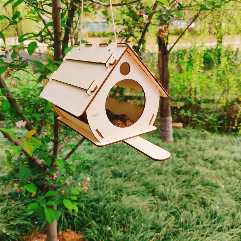 Hanging Bird Food Feeder Cage Outdoor Garden Pet Accessories Supplies Hummingbird Wood DIY Assemble Feeder House