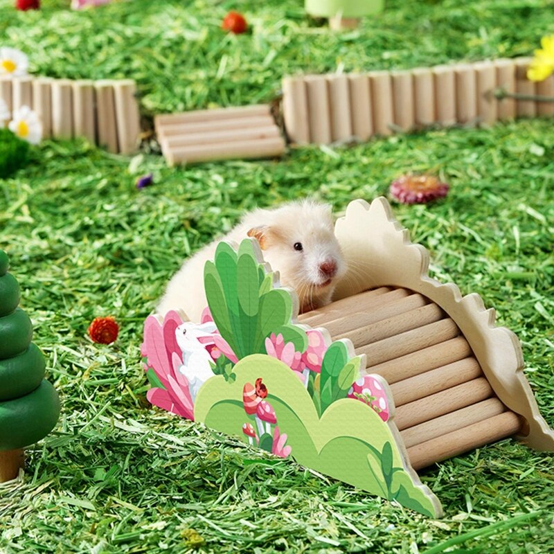 Hamster House with Climbing Ladder Wooden Hideout Colorful Painting Nest Habitat for Small Pet Gerbils Golden Bears Chinchillas