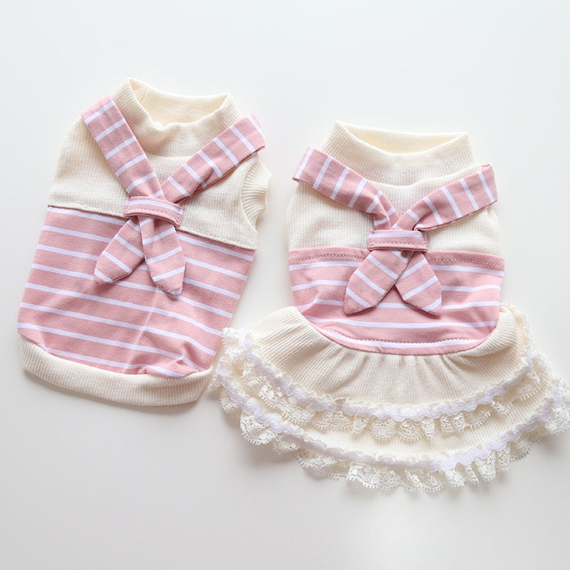 Summer Cat Skirts Scarf Striped Couple Suit Sweet Korean Style Cat one-piece Dress Dog Cat Clothes