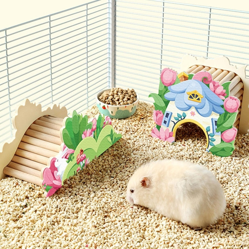 Hamster House with Climbing Ladder Wooden Hideout Colorful Painting Nest Habitat for Small Pet Gerbils Golden Bears Chinchillas