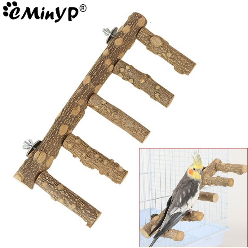 Natural Wood Parrot Perch Bird Stand Paw Grinding Fork Parakeet Climbing Standing Branch Ladder Toys Bird Cage Accessories
