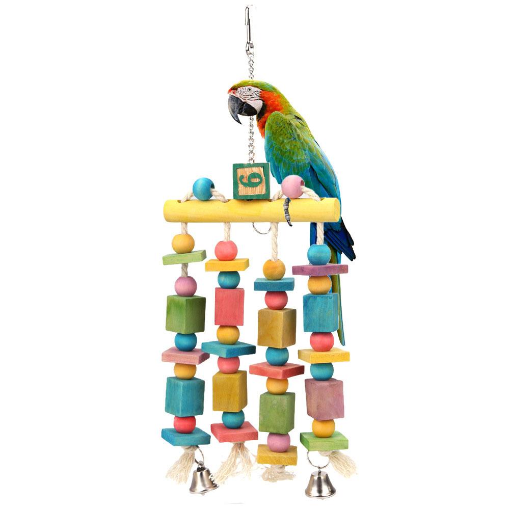 Parrot Bird Colorful Hanging Wooden Chewing Toys Stand Rack Bird Cage Accessories With Bells Bird Supplies