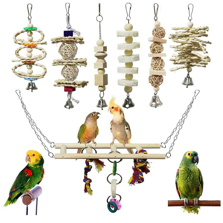 Bird Parrot Swing Toys Set Chewing Standing Parakeet Perch Hammock Climbing Ladder Bird Cage Toys for Budgerigar Cockatiel Mynah
