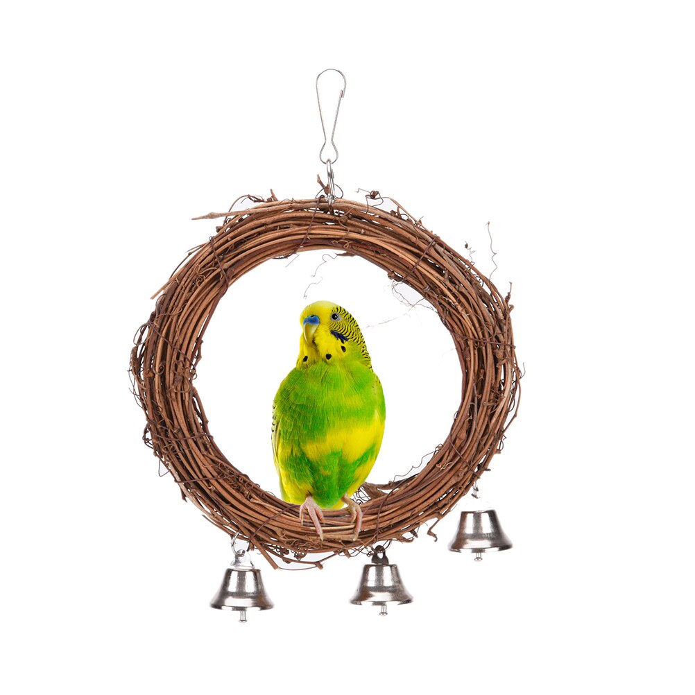 15cm Wooden Bird Parrot Rattan Hoop Swing Ring Hanging Toys With Bell for Pet Parakeet Cockatiel Chew Bite Ring Birds Toy 1pc