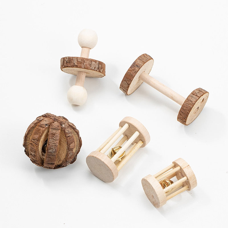 Cute Natural Wooden Rabbits Toys Pine Dumbells Unicycle Bell Roller Chew Toys for Guinea Pigs Rat Small Pet Molars Supplies