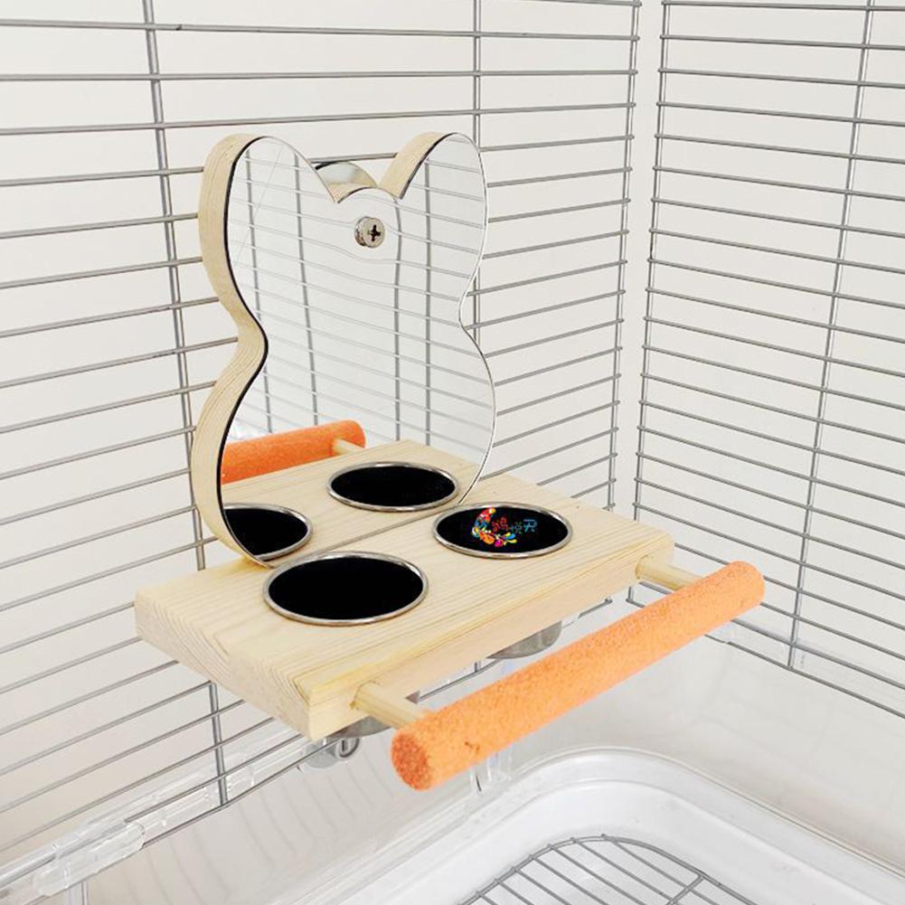 Parrots Mirror With Feeder Cups Bowl Wooden Birds Interactive Self-happy Toy Puzzle Toy Bird Cage Parrot Toys Accessories