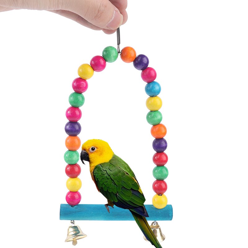 1PC Natural Wooden Birds Parrots Swing Toy Colorful Beads Bird Cage Supplies Toys Perch Hanging Swings With Bells for Pets
