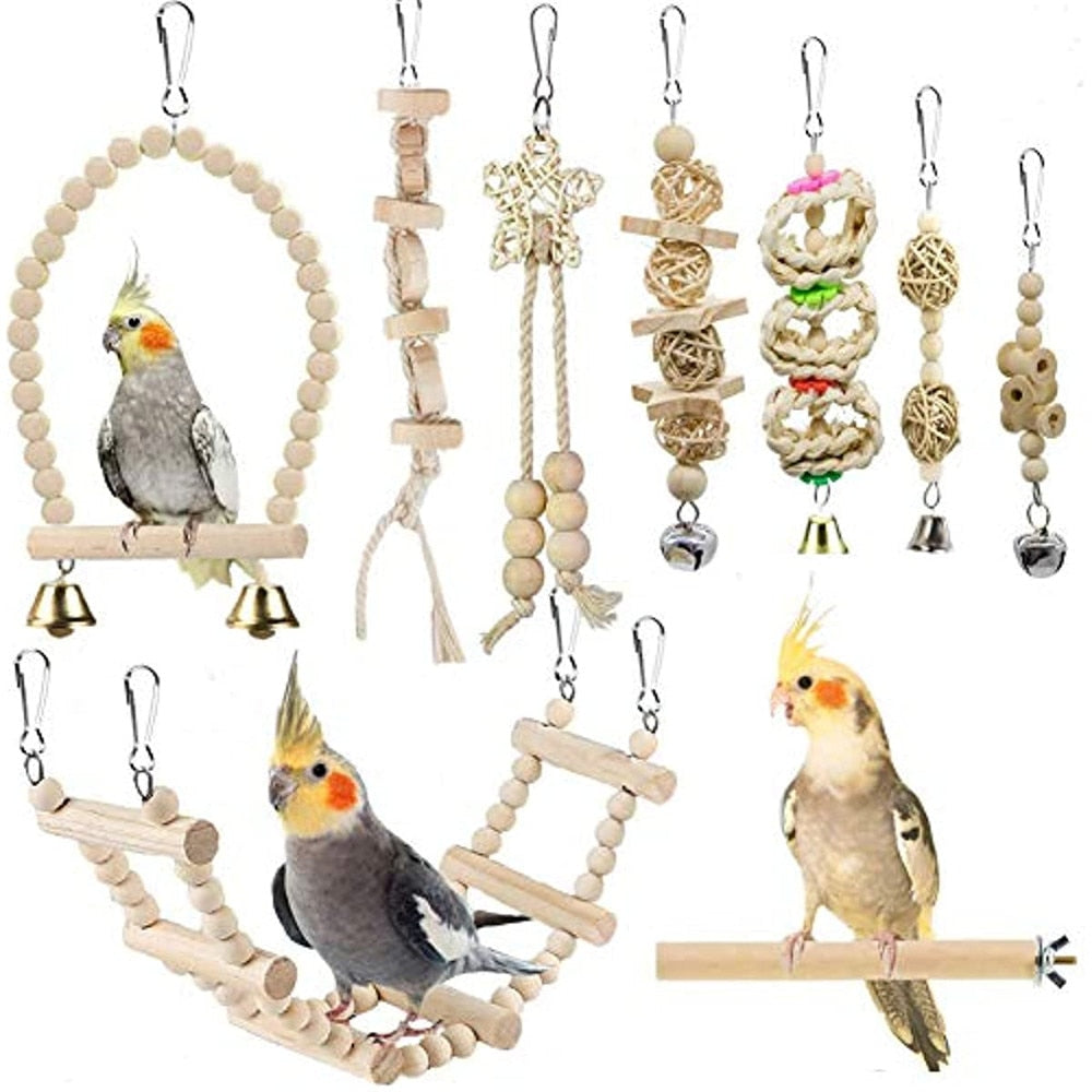 Bird Parrot Swing Toys Set Chewing Standing Parakeet Perch Hammock Climbing Ladder Bird Cage Toys for Budgerigar Cockatiel Mynah