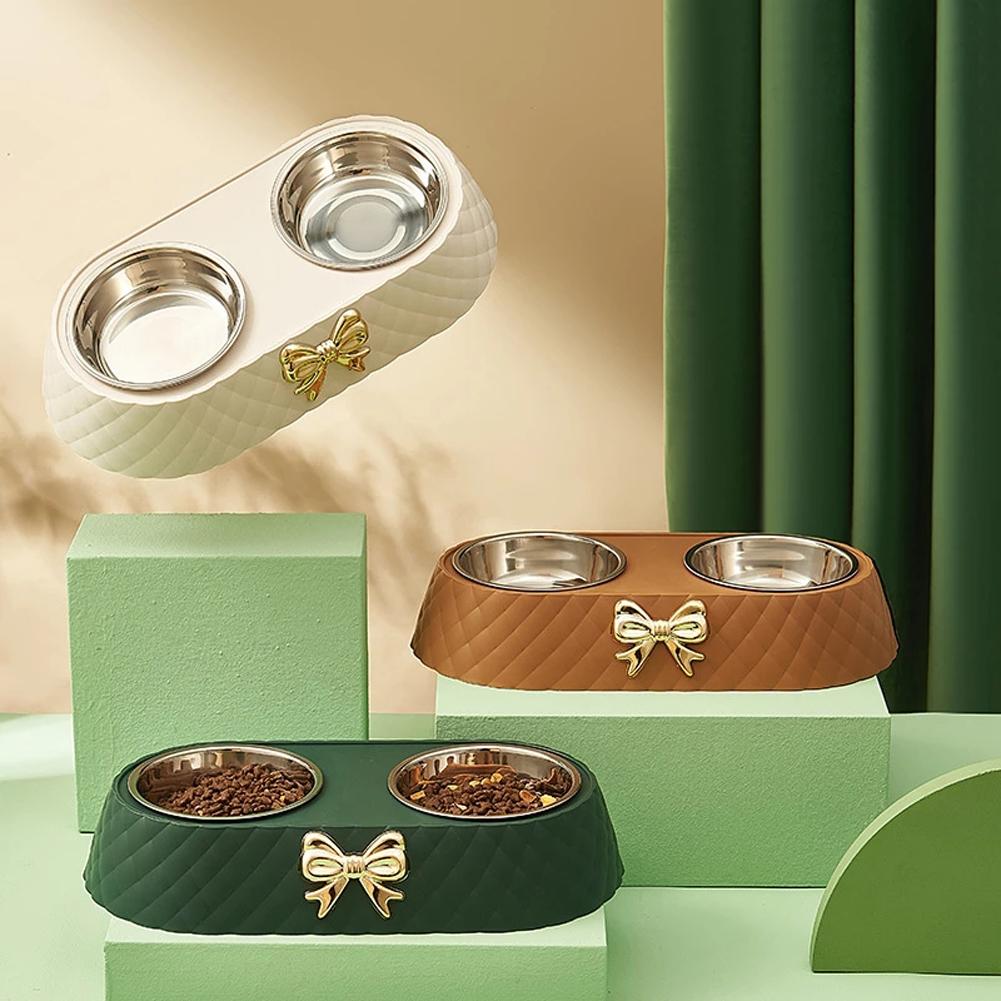Pet Food Bowl Detachable 201 Stainless Steel Double Bowl Bow-tie Decoration Pet Accessories For Cats Dogs
