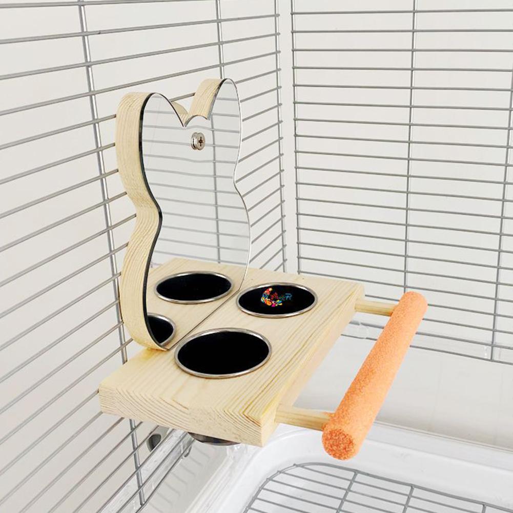 Parrots Mirror With Feeder Cups Bowl Wooden Birds Interactive Self-happy Toy Puzzle Toy Bird Cage Parrot Toys Accessories