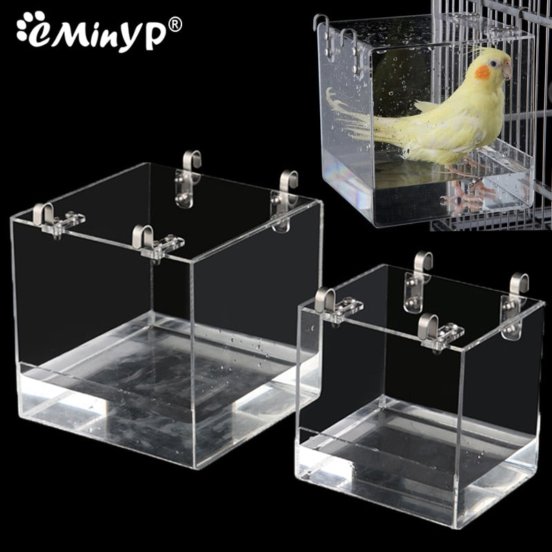 Square Bird Bath Box Cage Acrylic Transparent Bathtub Shower Cage Accessory For Parrots Parakeet Hanging Water Bath Tub 2 Size