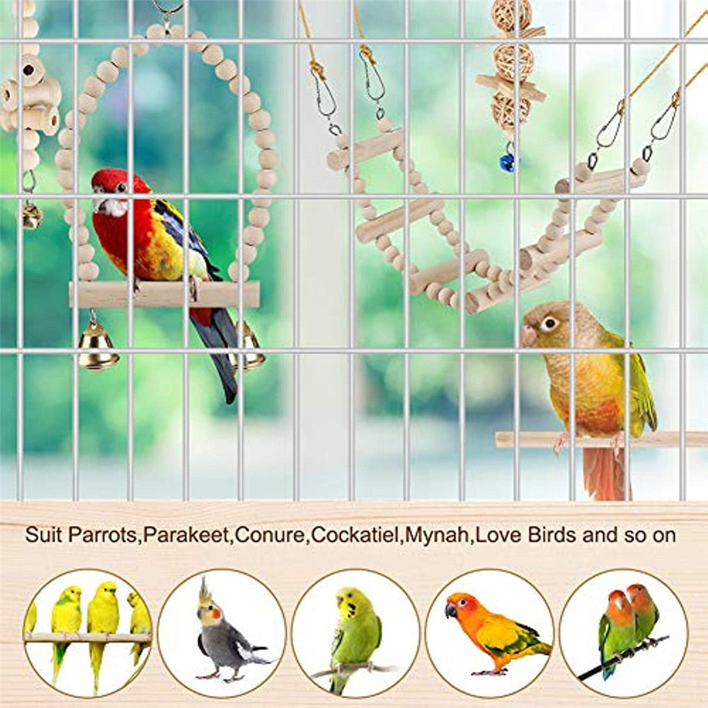 Bird Parrot Swing Toys Set Chewing Standing Parakeet Perch Hammock Climbing Ladder Bird Cage Toys for Budgerigar Cockatiel Mynah