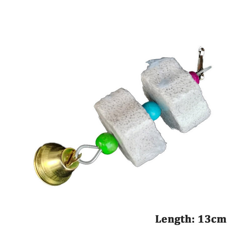 Bird Cage Toy Mineral Molar Stone Chewing Toy Flower Shape Hanging Type With Bells Sounding Toy For Parrot Bird Accessories