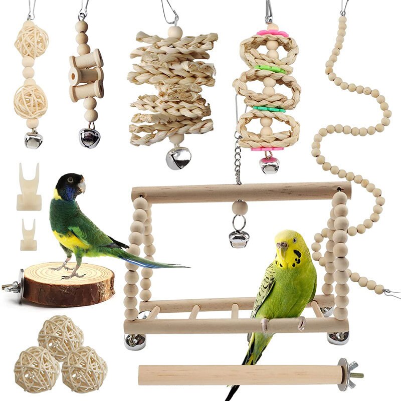 Bird Parrot Swing Toys Set Chewing Standing Parakeet Perch Hammock Climbing Ladder Bird Cage Toys for Budgerigar Cockatiel Mynah