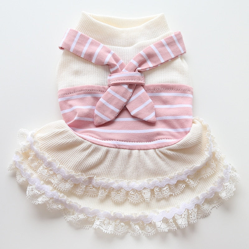 Summer Cat Skirts Scarf Striped Couple Suit Sweet Korean Style Cat one-piece Dress Dog Cat Clothes