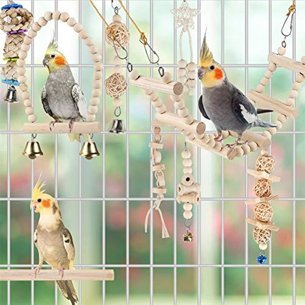 Bird Parrot Swing Toys Set Chewing Standing Parakeet Perch Hammock Climbing Ladder Bird Cage Toys for Budgerigar Cockatiel Mynah