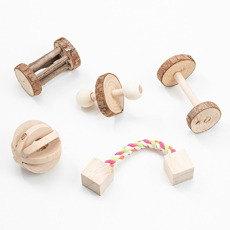 Cute Natural Wooden Rabbits Toys Pine Dumbells Unicycle Bell Roller Chew Toys for Guinea Pigs Rat Small Pet Molars Supplies